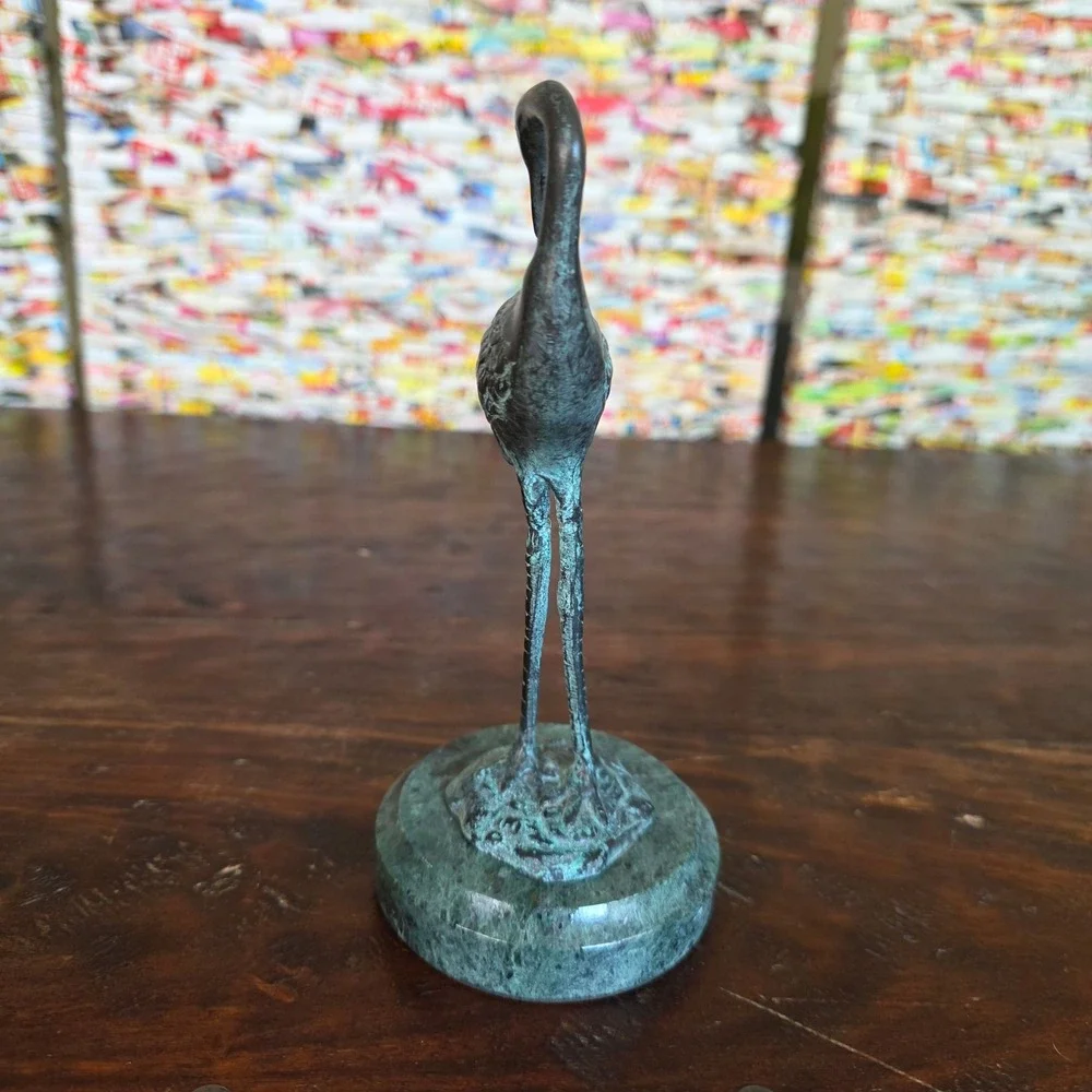 Vintage Bronze Heron Crane Figurine Sculpture on Green Marble Base Verdigris